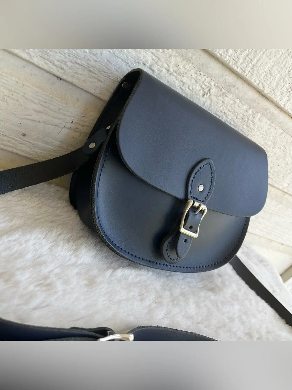 THE LEATHER SATCHEL CO. Navy Blue Flap Saddle Bag Crossbody